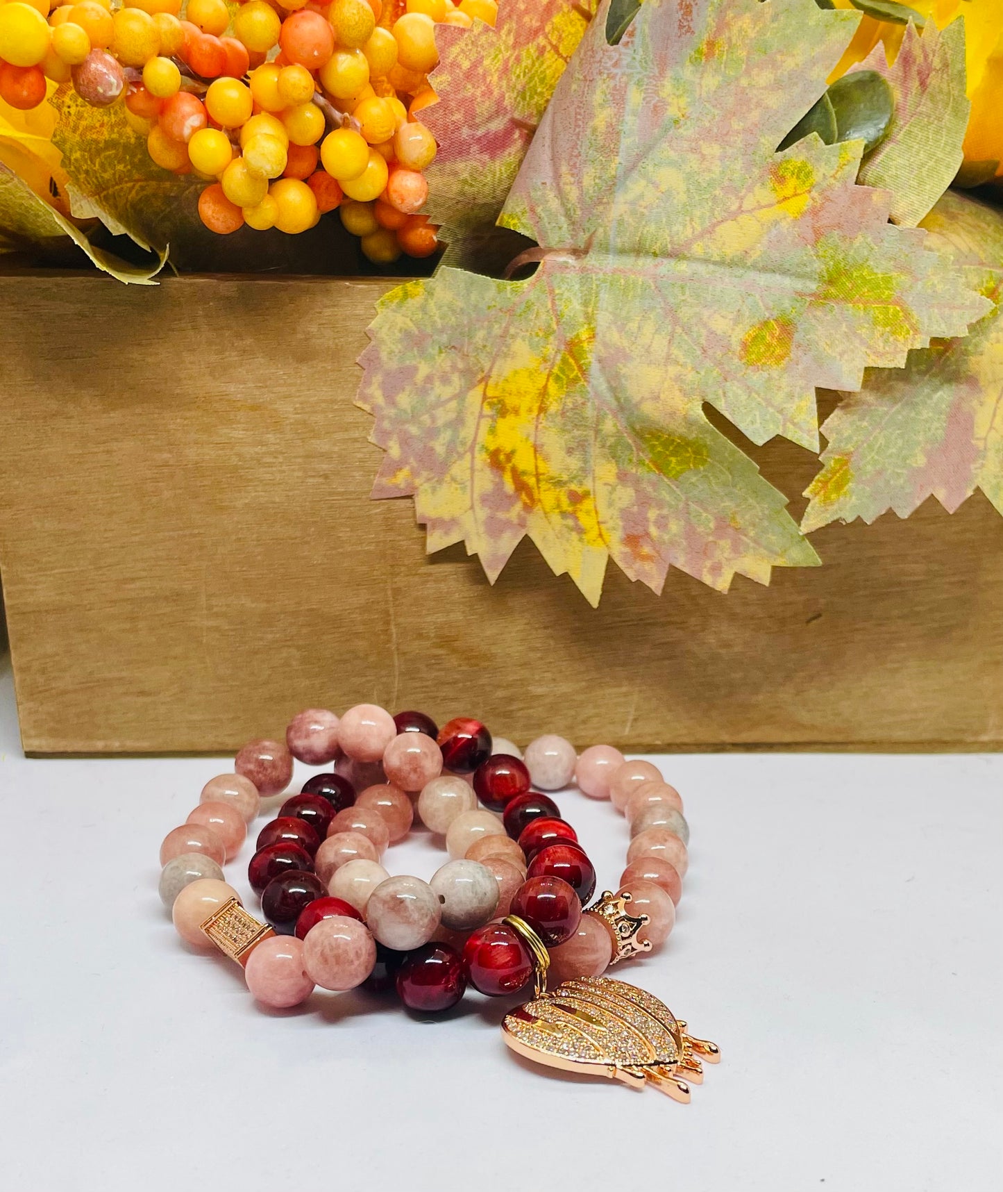 Magenta Tiger Eye & Light Pink Jade Bracelet Set with Love Charm