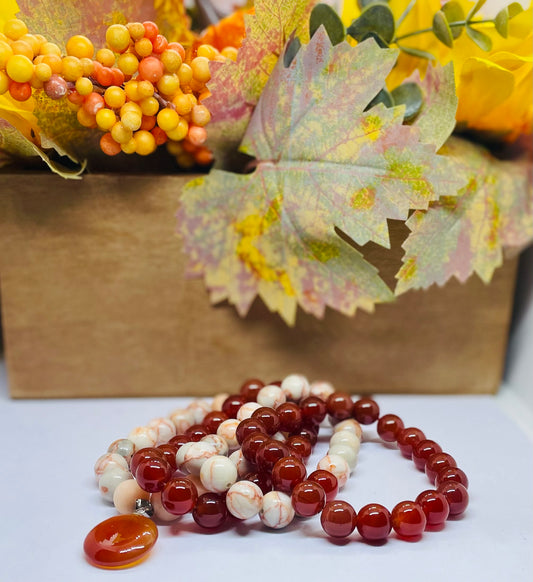 Carnelian & White Howlite Bracelet Set with Amber Pendant