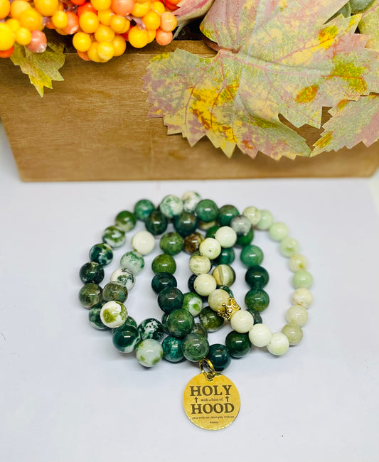 Green Jade & Prehnite Bracelet Set with Holy Hood Spiritual Charm