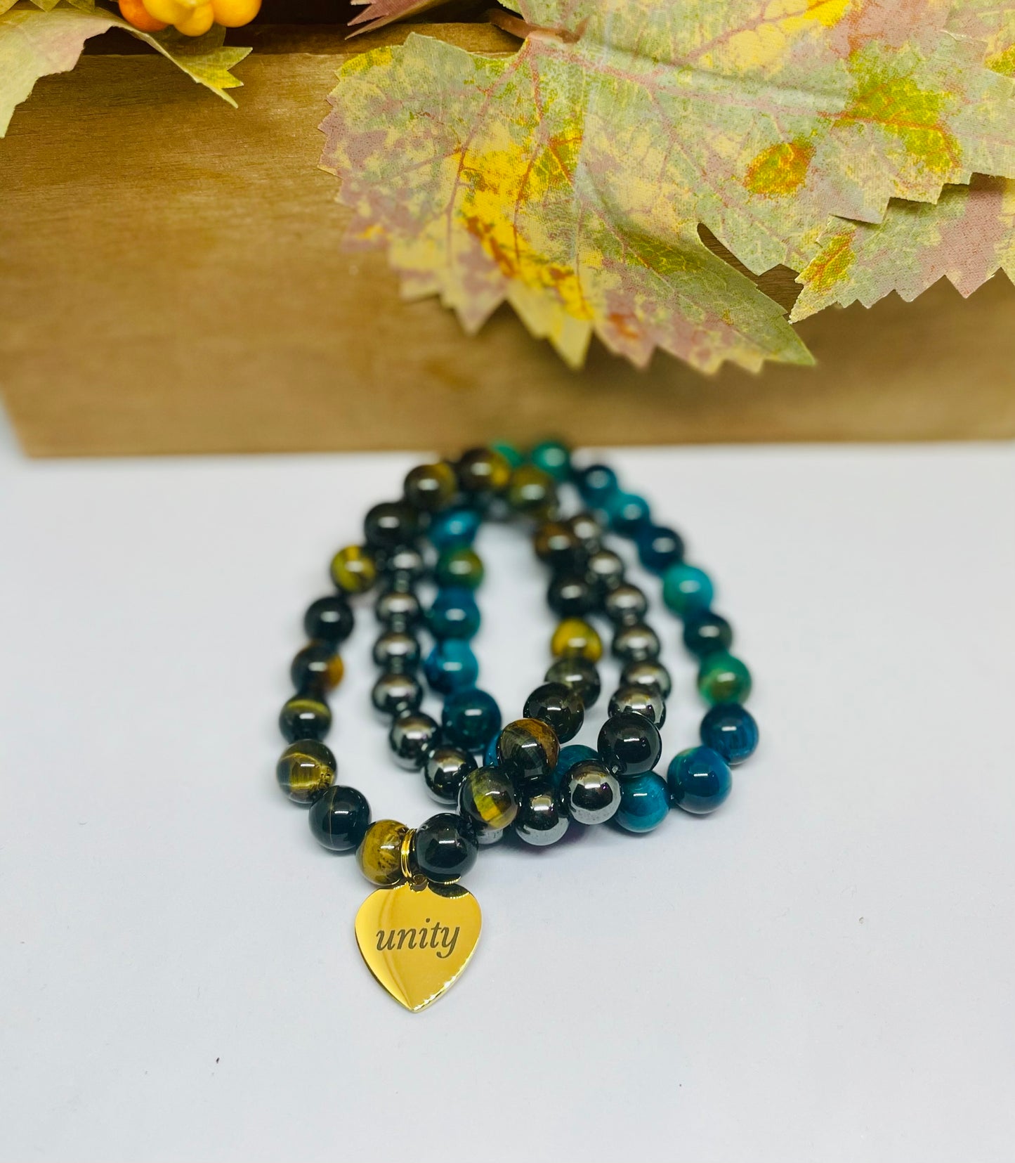 Unity Gemstone Bracelet Set - Multi-Stone Beaded Jewelry with Heart Charm